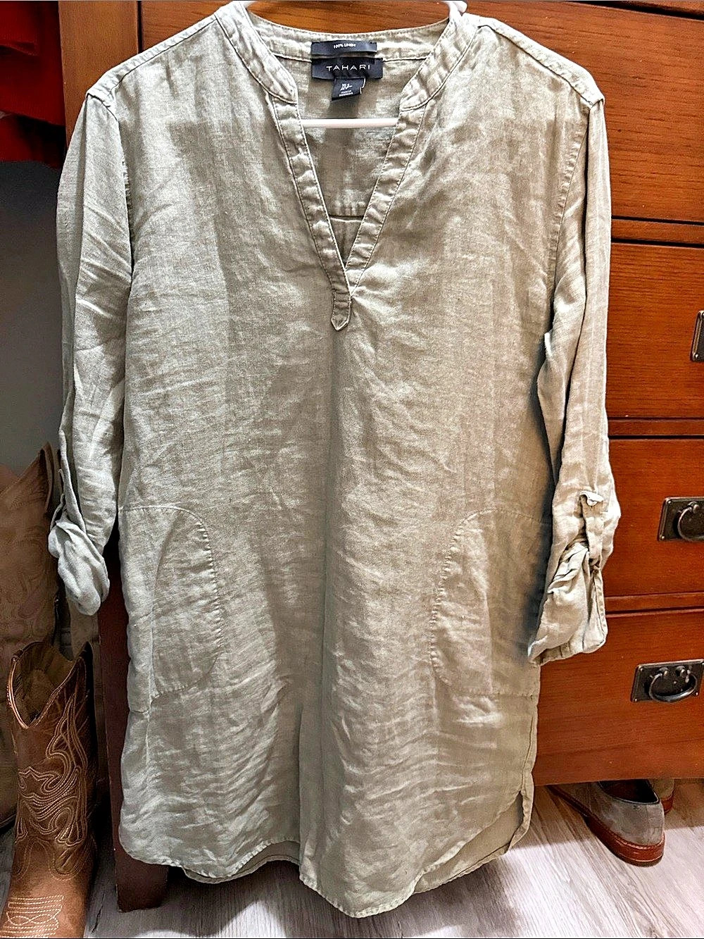 Tahari Linen Dress 100% Linen in Green Size Small